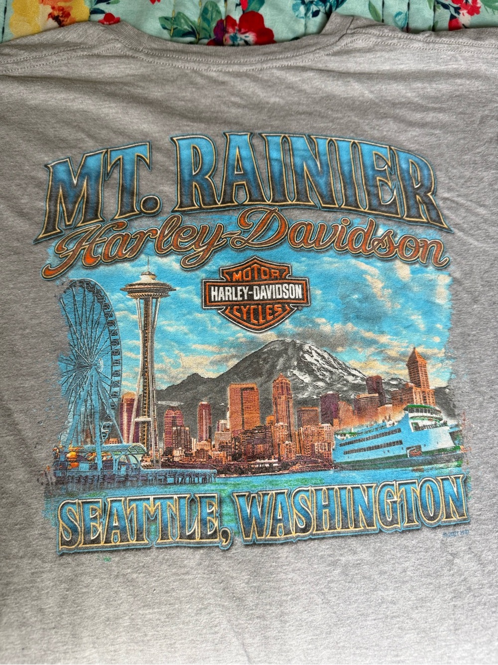 Harley-Davidson Gray Mt. Rainier Seattle Graphic Tee with Blue and Orange Print
